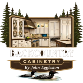 Backcountry Cabinetry logo with cabinets, pine trees and loons
