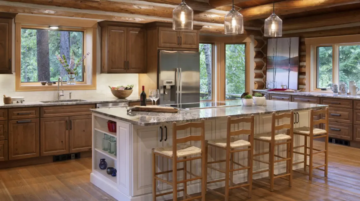 log cabin kitchen with large island